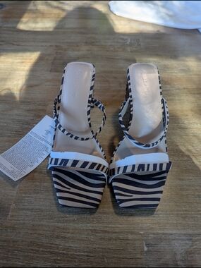 Zebra-Print Strappy Slide Heels in Black & Cream